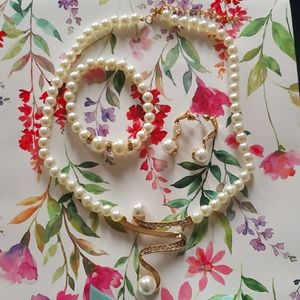New G14K white pearl and gold plated jewelry set
